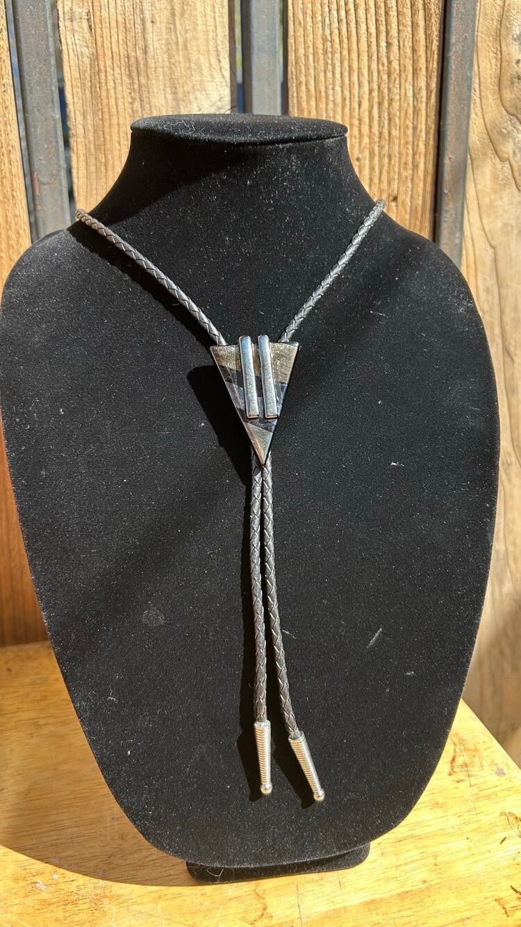 Katya Bolo Tie Handcrafted Artist Katya Abstract Metallic Triangle Blue Black
